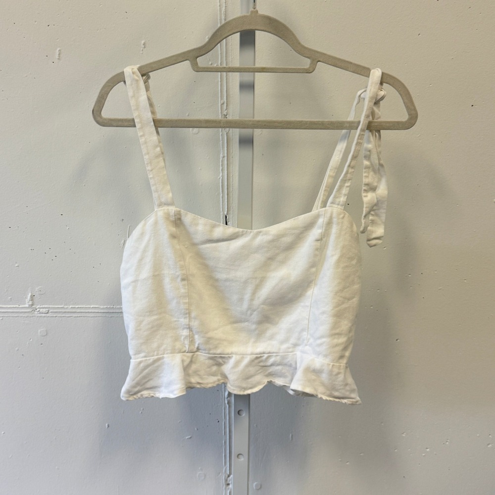 LA Hearts Linen Blend Tie Shoulder Smocked Ruffle Crop Top‎ Medium White Cottage